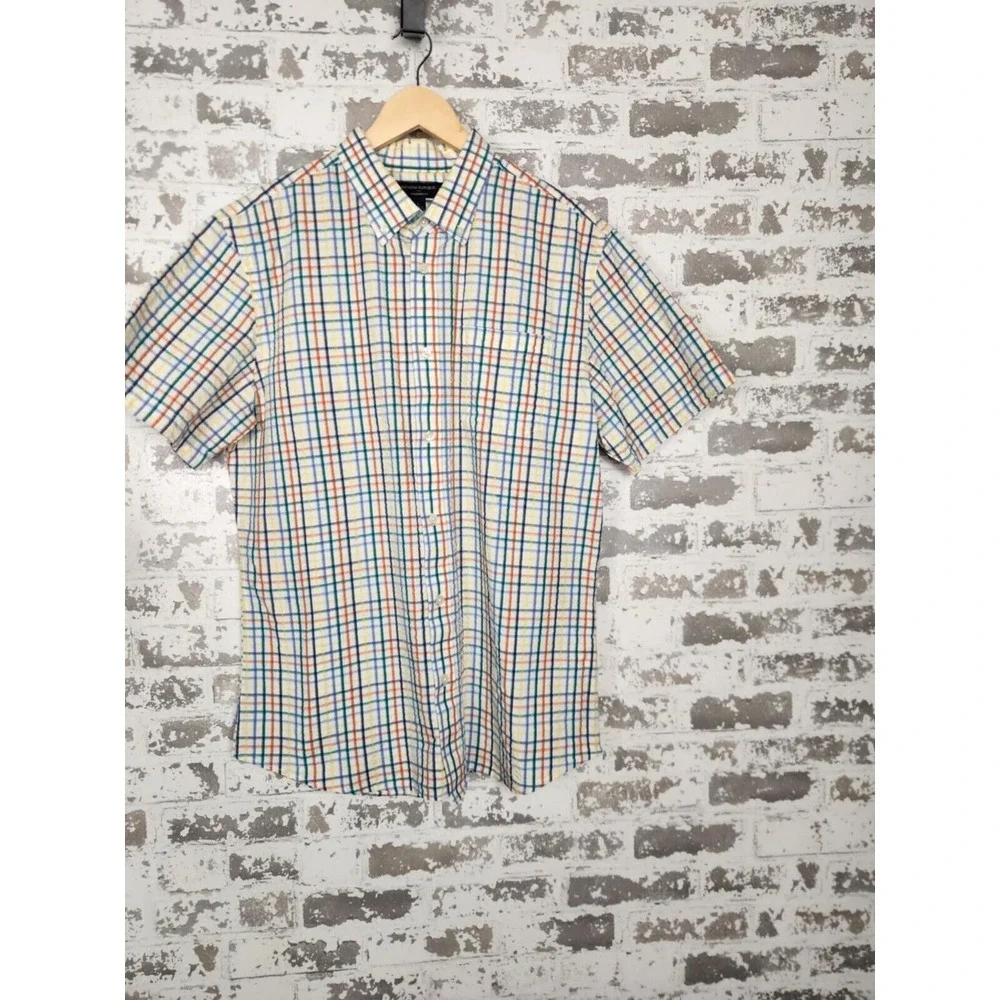 Banana Republic Seersucker Shirt Men‎ Sz Large Stripe Button Short Sleeve Casual